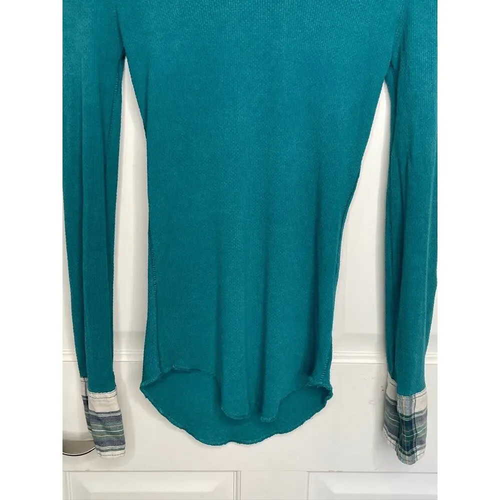 Free People We The Free All In Cuff Waffle Knit Thermal Top Sz S Boho Plaid